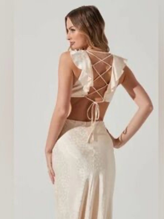 Astr Dresses & Skirts - Astr Cream Lace-Up Backless Maxi Dress with Ruffle Shoulders Size XS